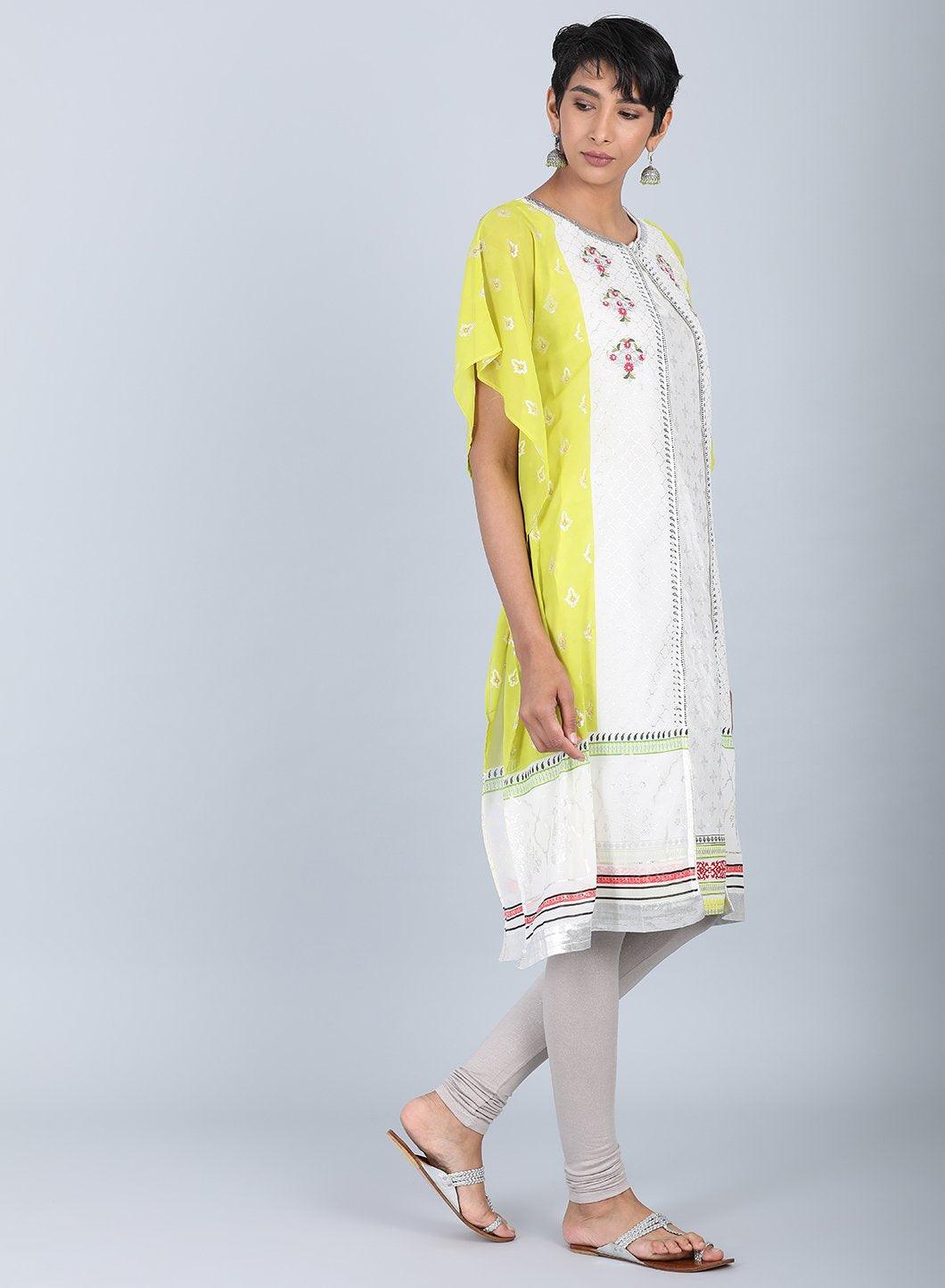 Ecru & Green Round Neck kurta - wforwoman
