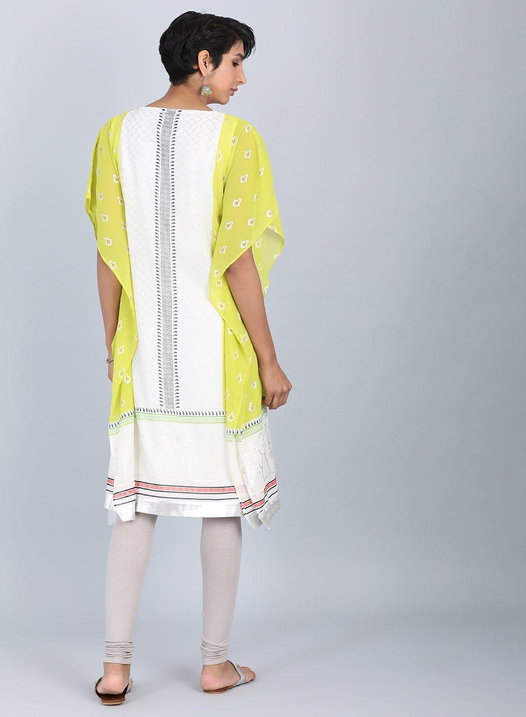 Ecru & Green Round Neck kurta - wforwoman