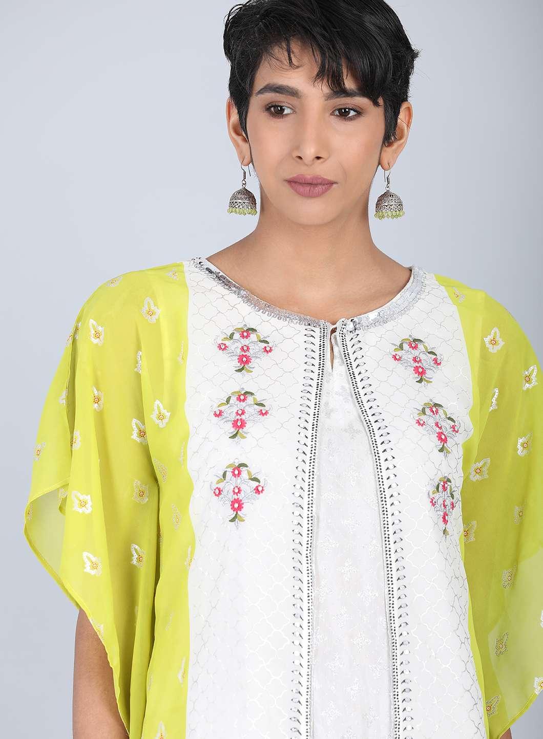 Ecru & Green Round Neck kurta - wforwoman