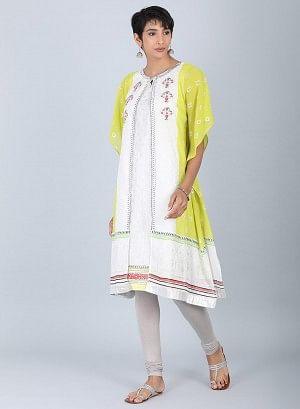 Ecru & Green Round Neck kurta - wforwoman