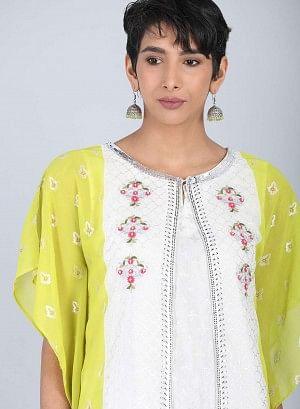 Ecru & Green Round Neck kurta - wforwoman