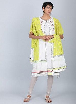 Ecru & Green Round Neck kurta - wforwoman