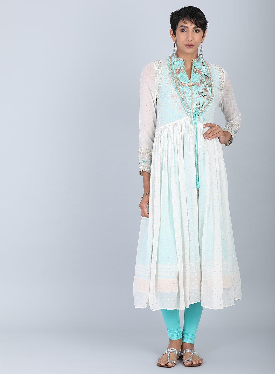 Ecru & Blue Mandarin Neck Tie-Up kurta - wforwoman