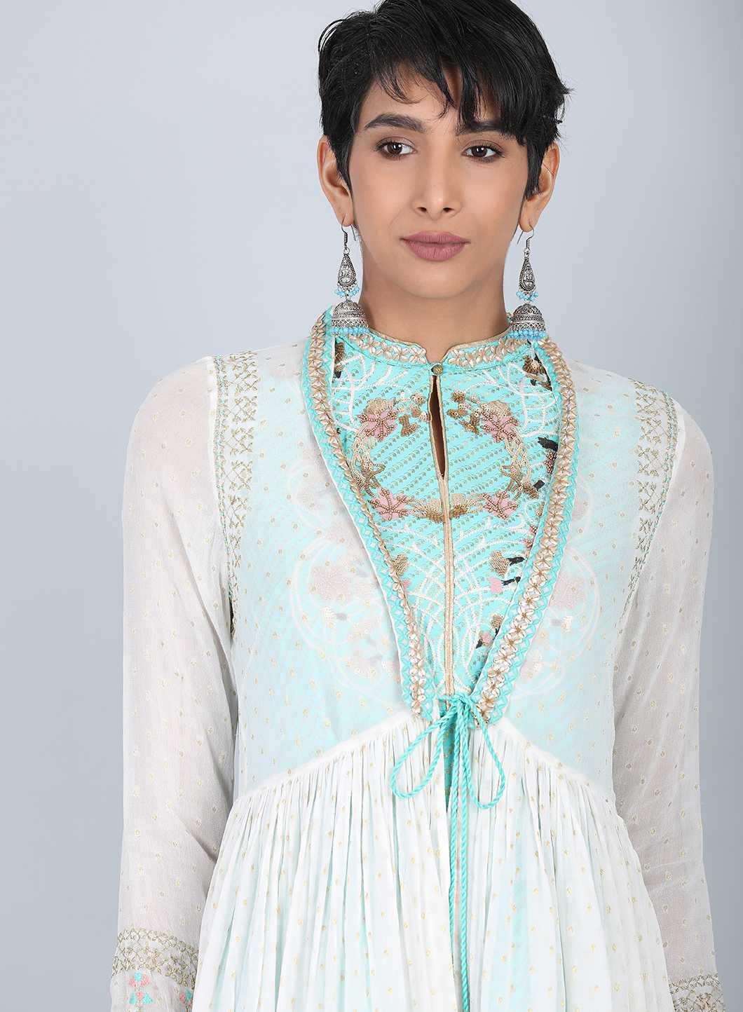 Ecru & Blue Mandarin Neck Tie-Up kurta - wforwoman