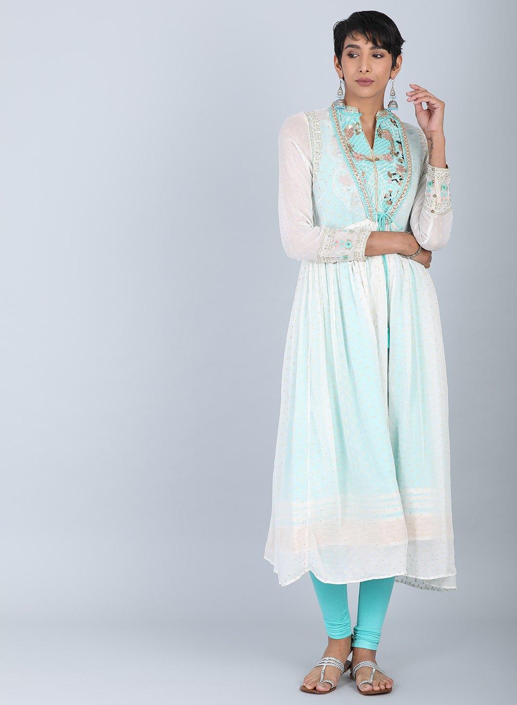 Ecru & Blue Mandarin Neck Tie-Up kurta - wforwoman
