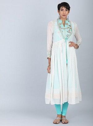 Ecru & Blue Mandarin Neck Tie-Up kurta - wforwoman
