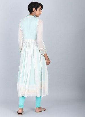 Ecru & Blue Mandarin Neck Tie-Up kurta - wforwoman