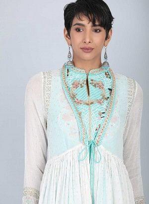 Ecru & Blue Mandarin Neck Tie-Up kurta - wforwoman