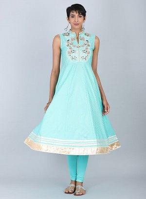 Ecru & Blue Mandarin Neck Tie-Up kurta - wforwoman