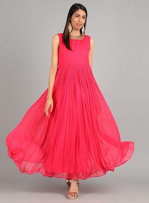 Pink Round Neck Solid kurta Dress - wforwoman