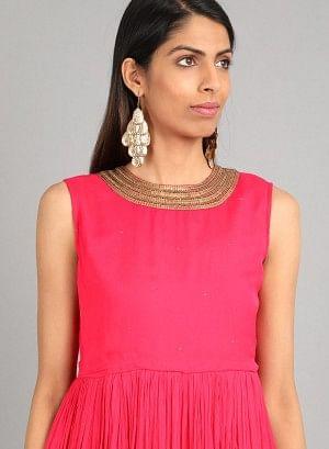 Pink Round Neck Solid kurta Dress - wforwoman