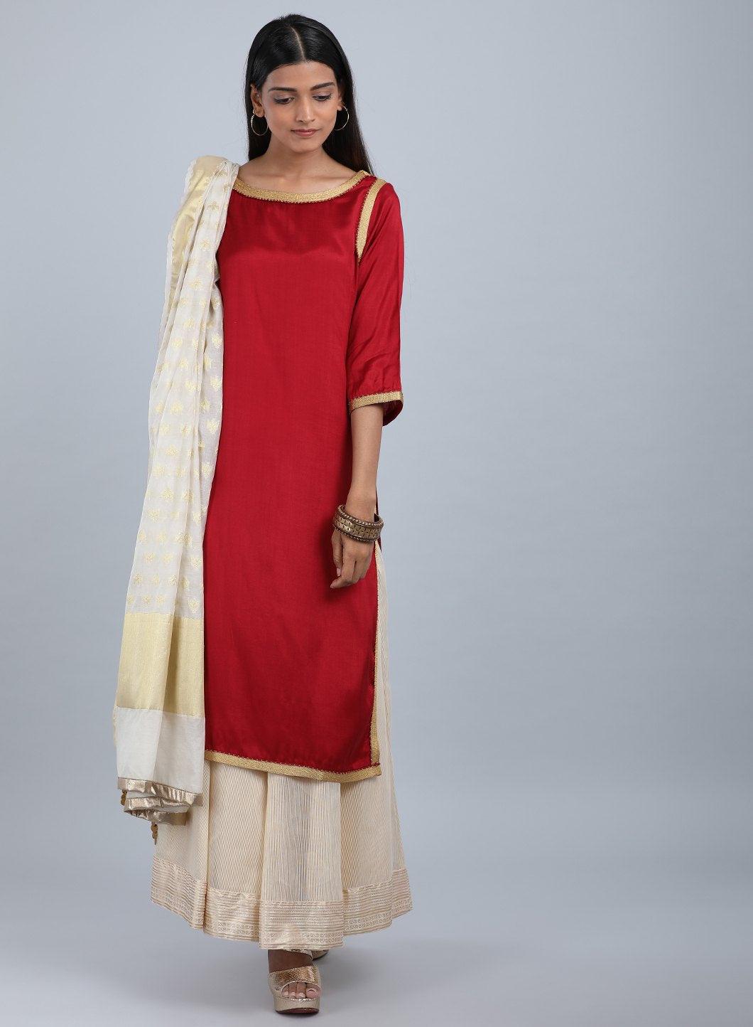 Maroon Round Neck Solid kurta - wforwoman