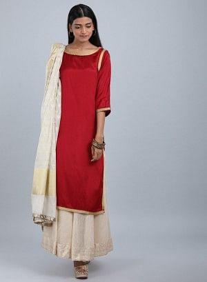 Maroon Round Neck Solid kurta - wforwoman