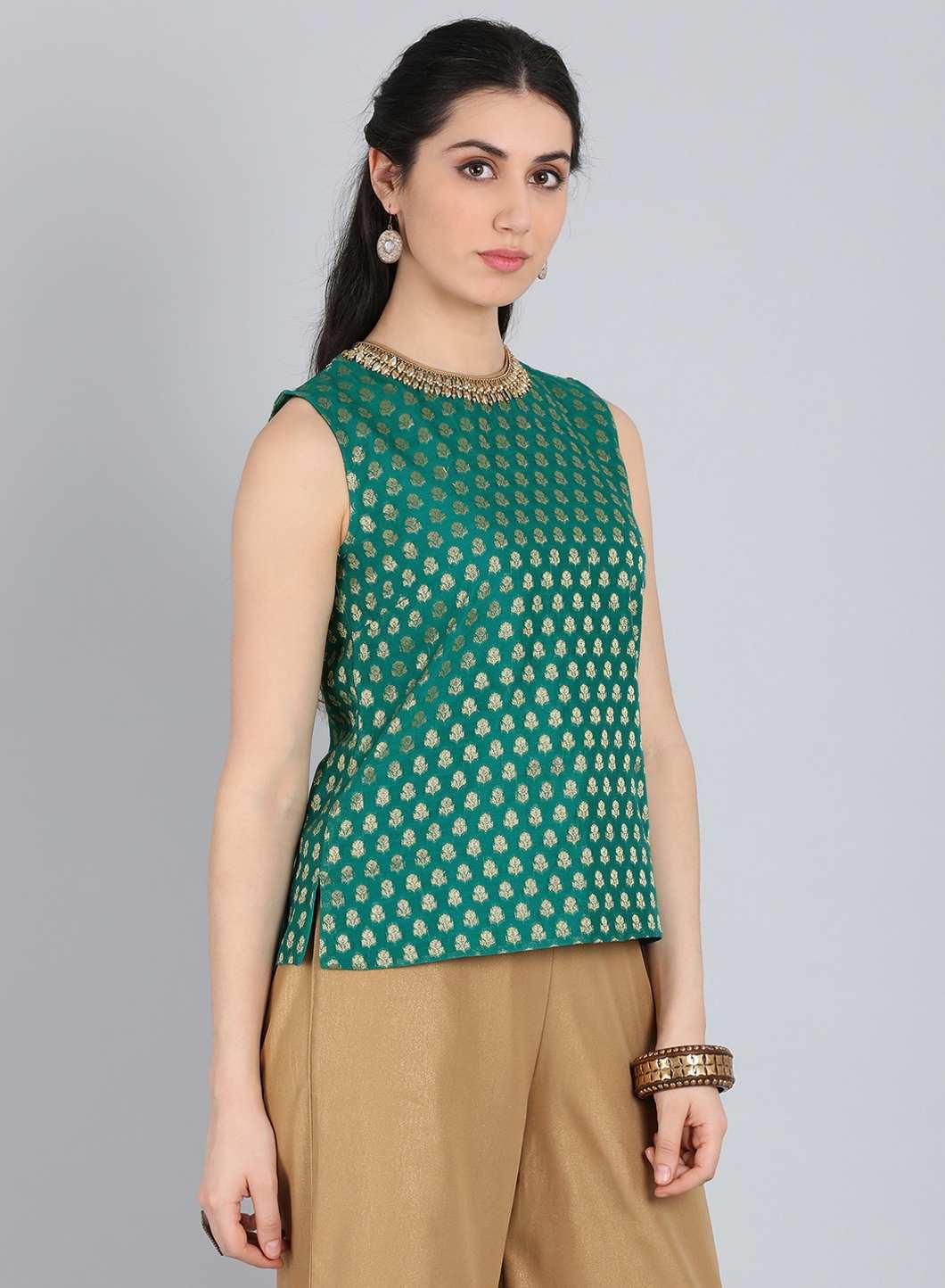 Green Round Neck Embellished Top - wforwoman
