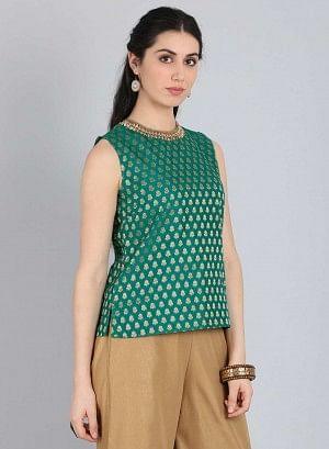 Green Round Neck Embellished Top - wforwoman