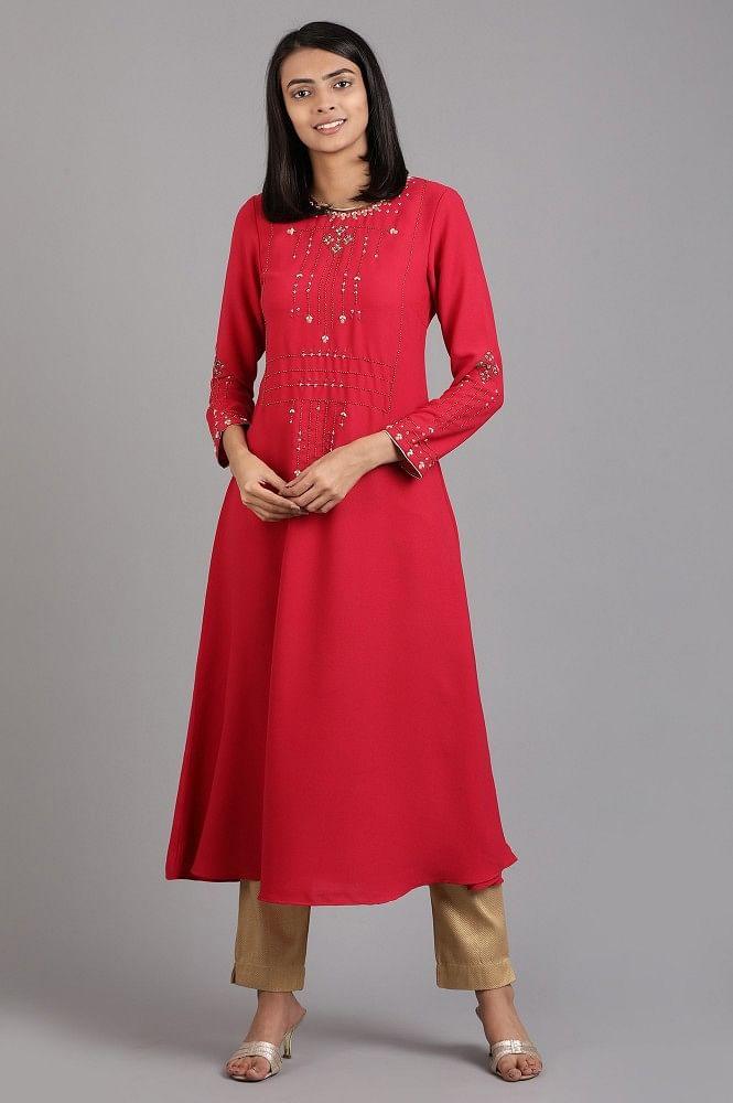 Pink Round Neck Solid Winter kurta - wforwoman