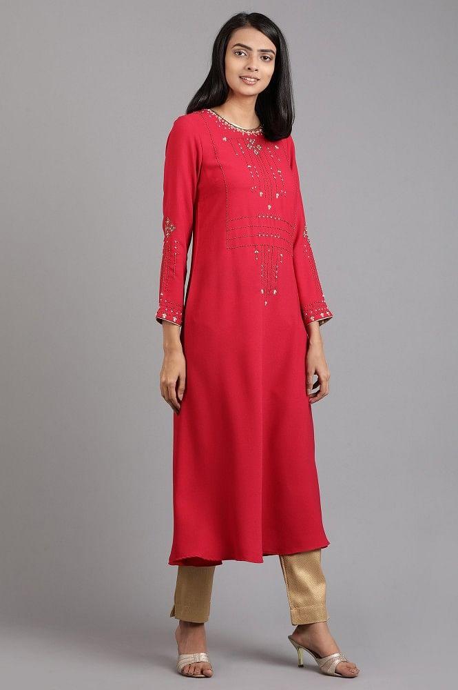 Pink Round Neck Solid Winter kurta - wforwoman