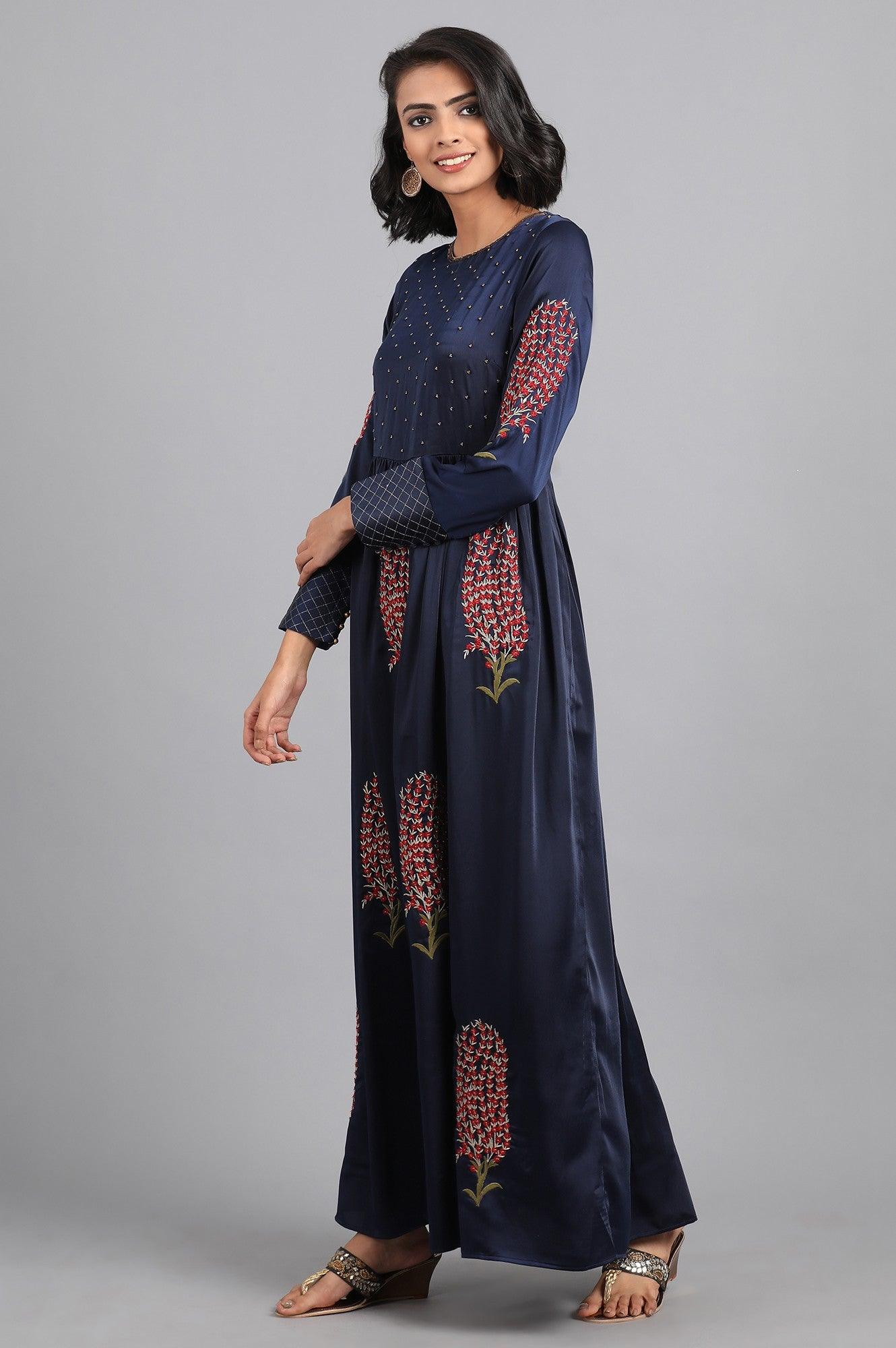 Blue Round Neck Embellished Winter kurta - wforwoman