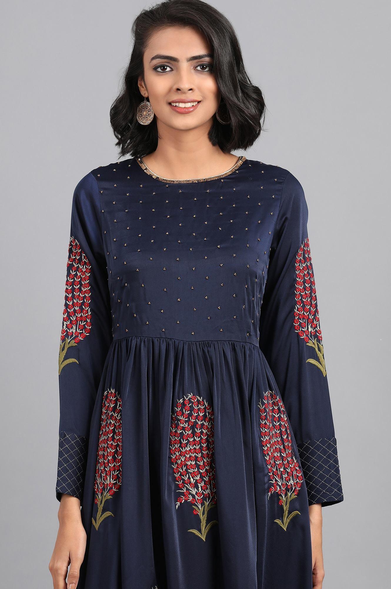 Blue Round Neck Embellished Winter kurta - wforwoman
