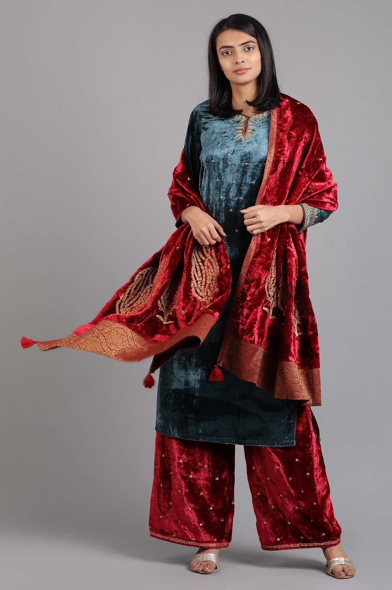 Buy Red Solid Velvet Pants Online for Woman | WforWoman