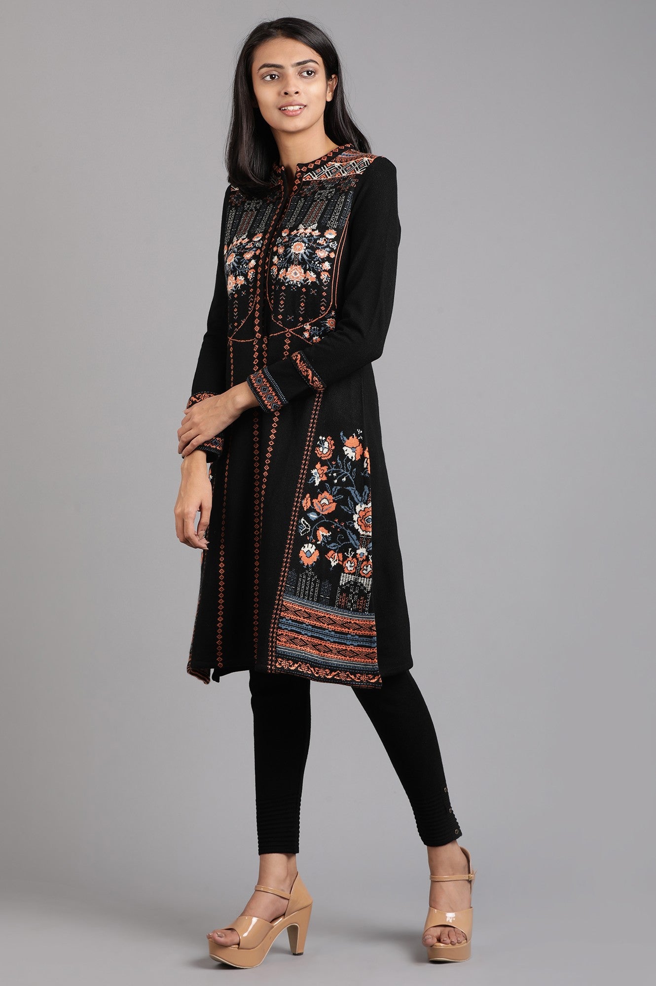 Black Mandarin Neck Yarn-dyed Winter kurta