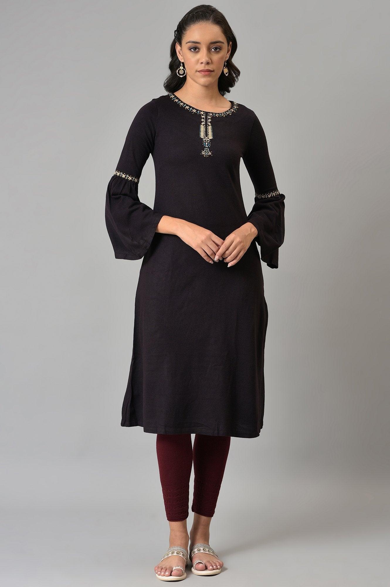 Purple Round Neck Winter kurta - wforwoman