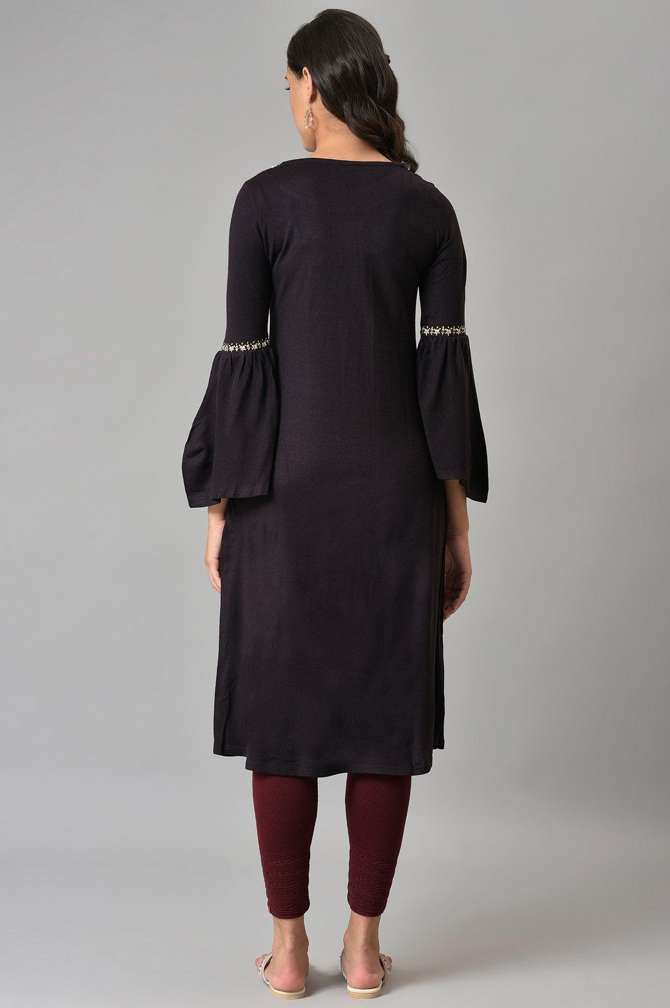 Purple Round Neck Winter kurta - wforwoman