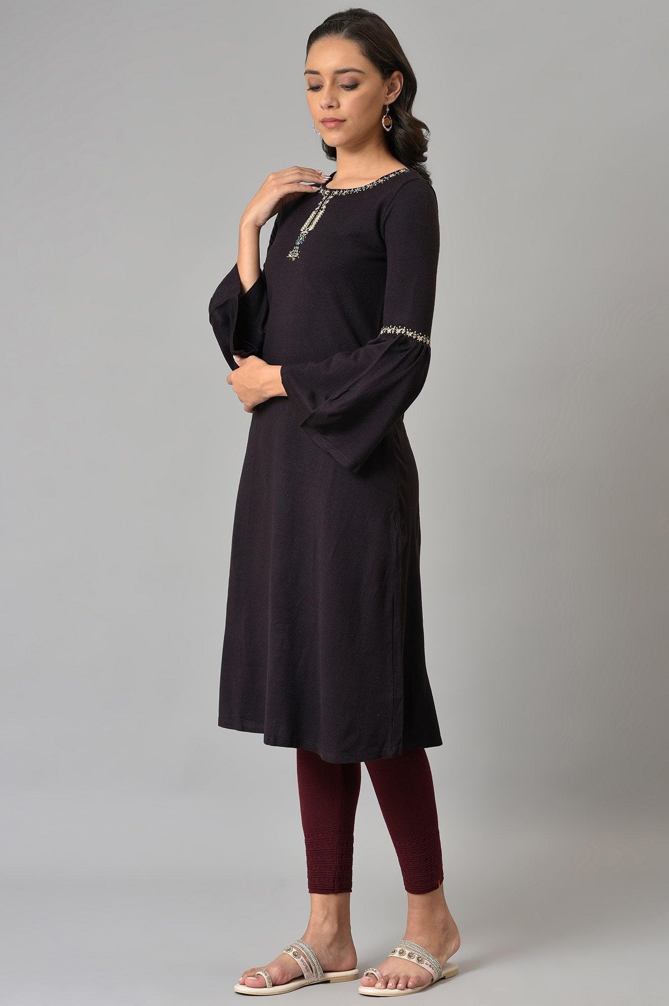 Purple Round Neck Winter kurta - wforwoman