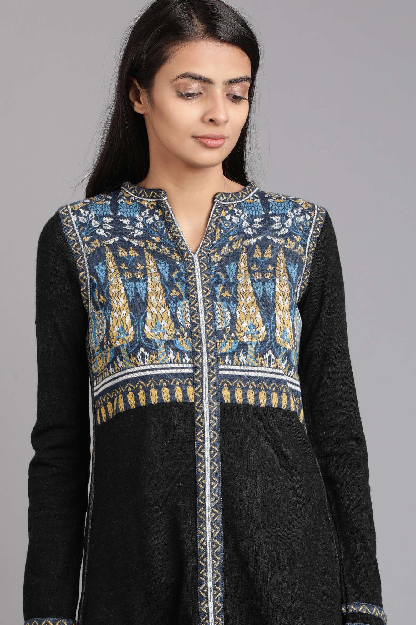 Grey Mandarin Neck Solid Winter kurta - wforwoman