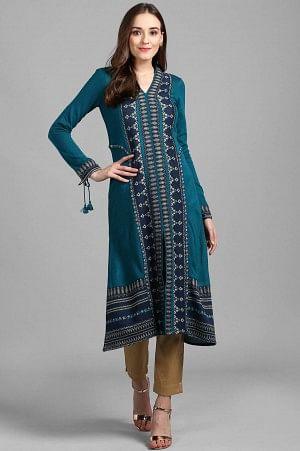 Green V Neck Solid Winter kurta - wforwoman