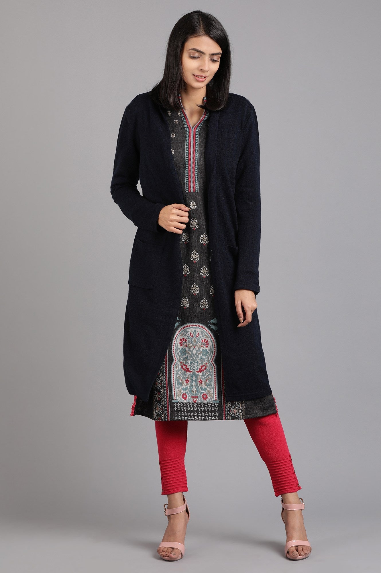 Grey Mandarin Neck Yarn-dyed Winter kurta