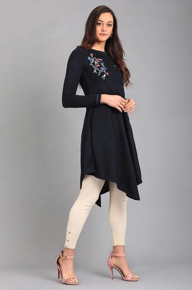 Blue Round Neck Solid Winter kurta - wforwoman
