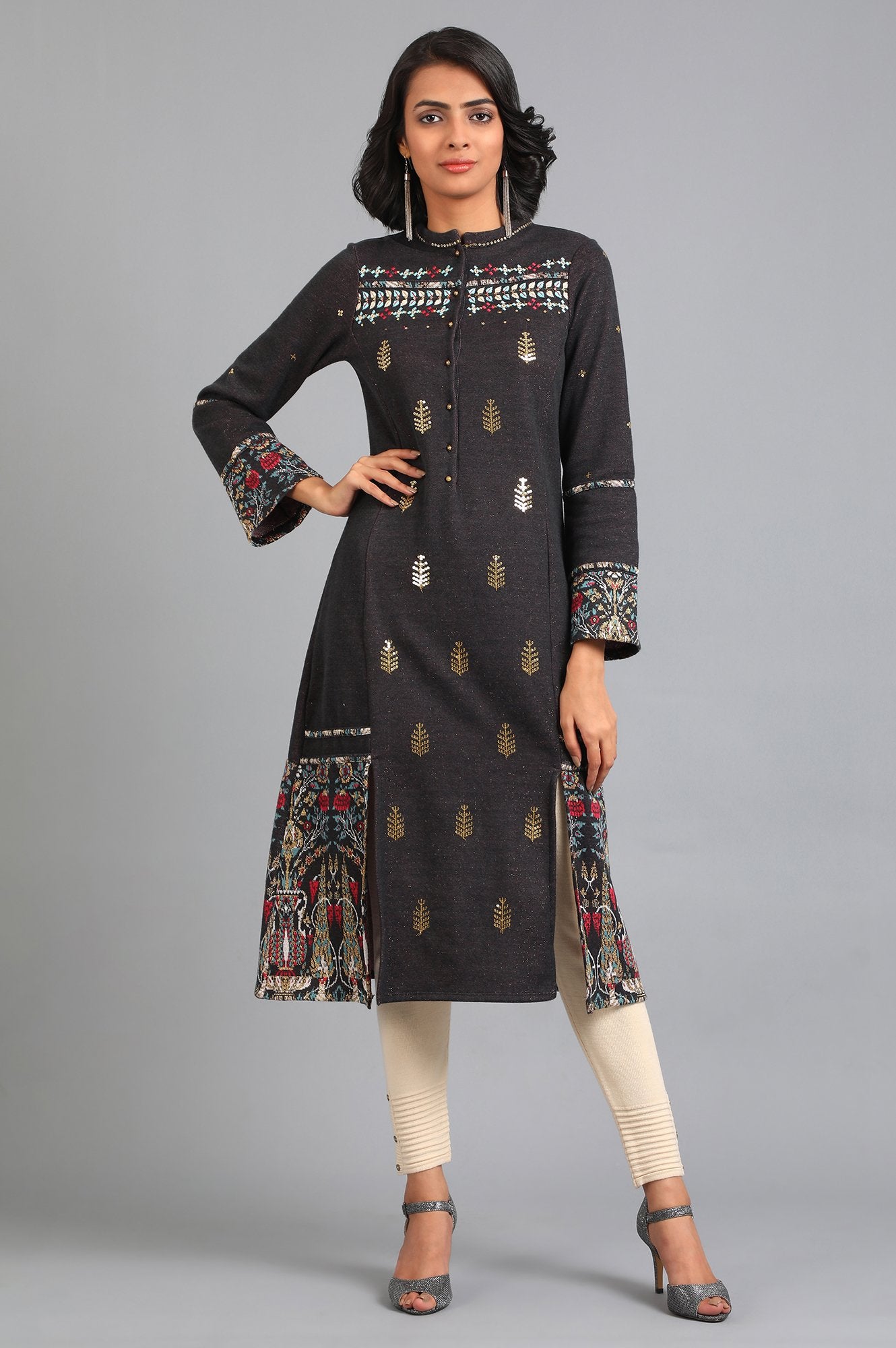 Grey Mandarin Neck Yarn-dyed Winter kurta