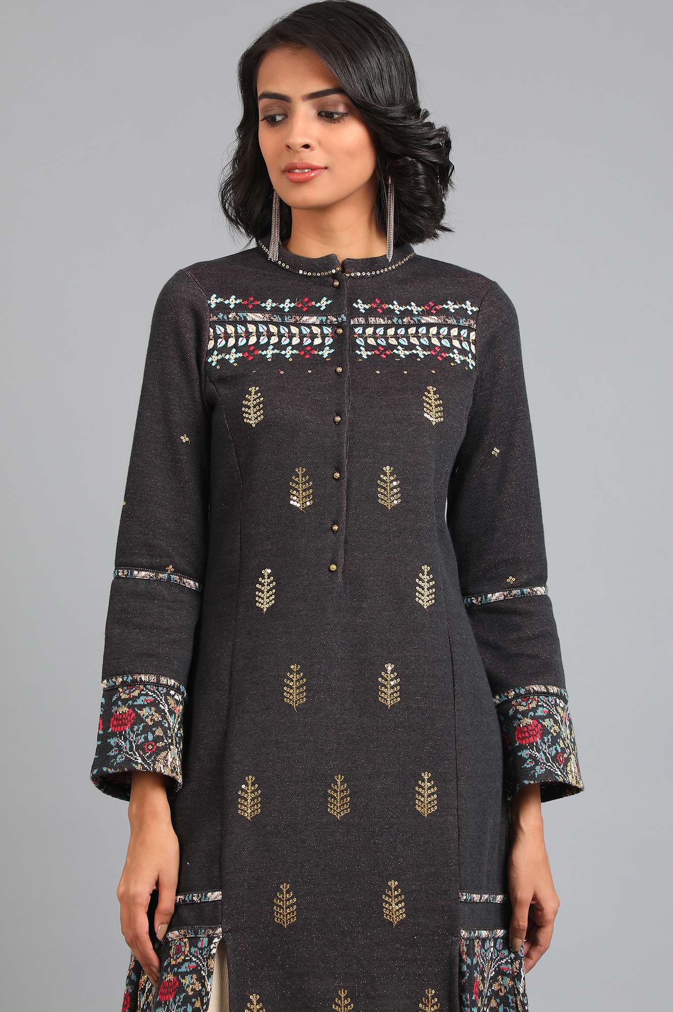 Grey Mandarin Neck Yarn-dyed Winter kurta