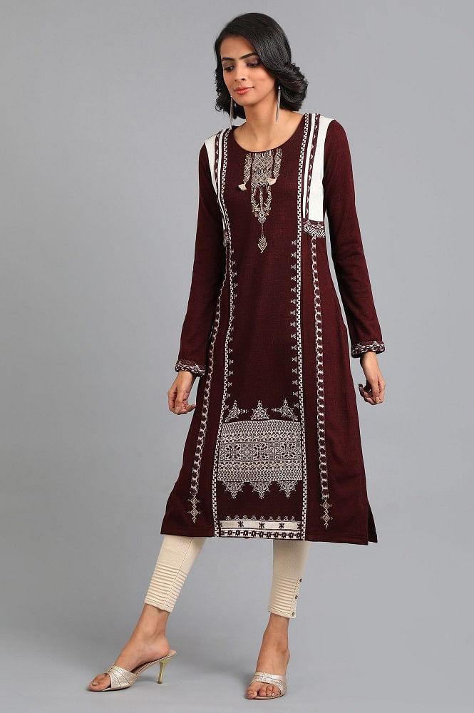 Red Round Neck Solid Winter kurta - wforwoman
