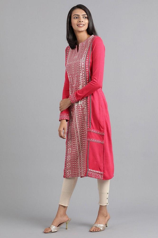 Pink Round Neck Solid Winter kurta - wforwoman