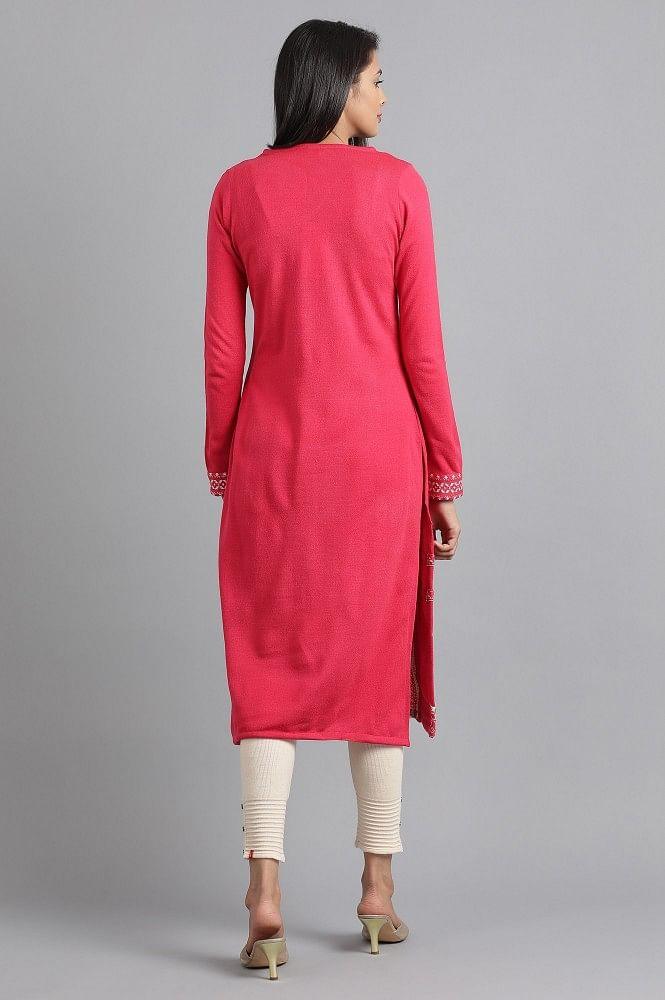 Pink Round Neck Solid Winter kurta - wforwoman
