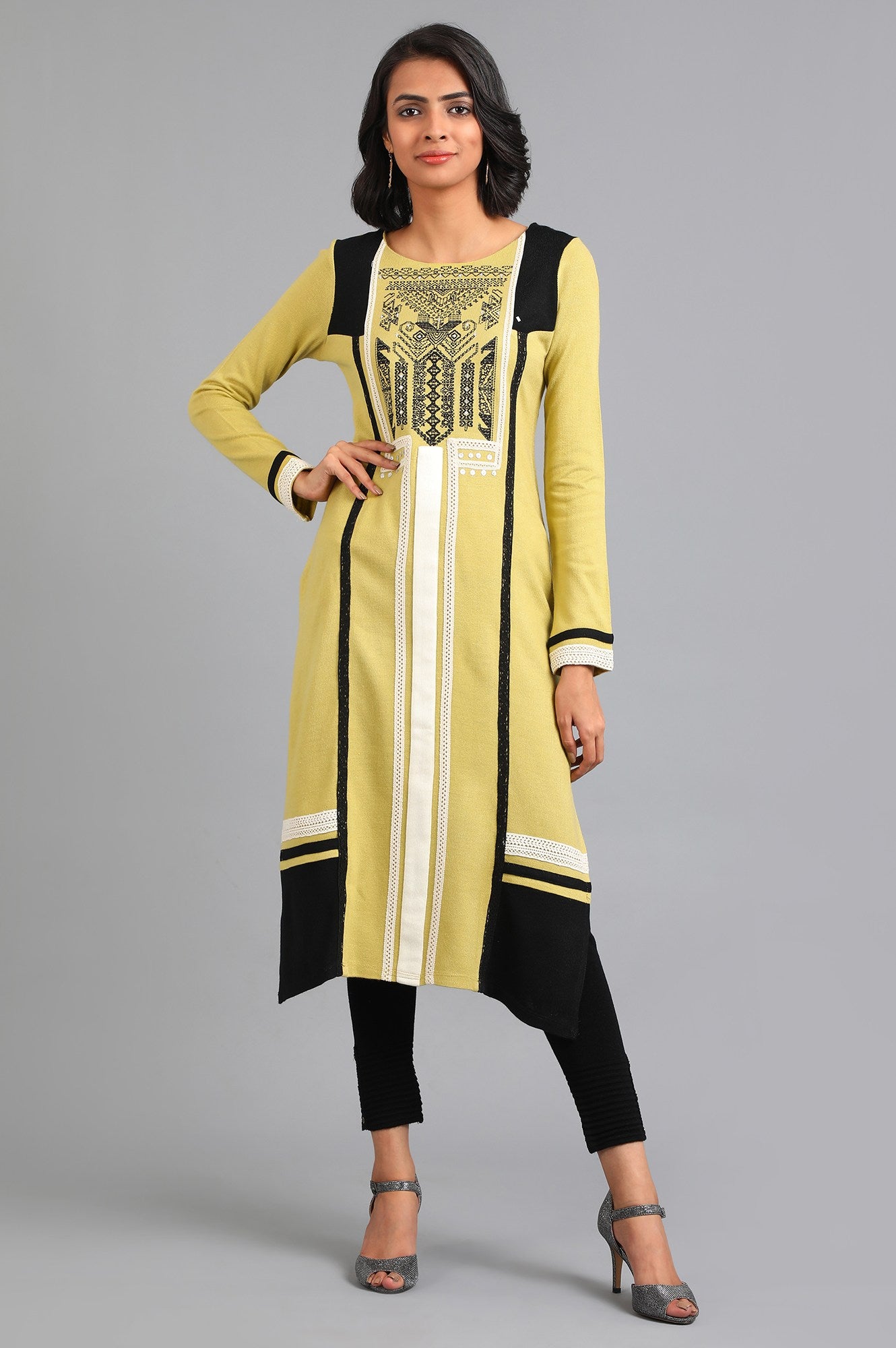 Green Round Neck Solid Winter kurta