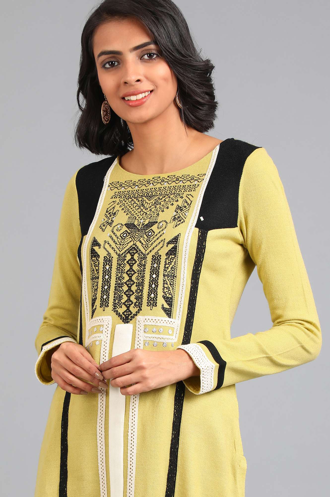 Green Round Neck Solid Winter kurta