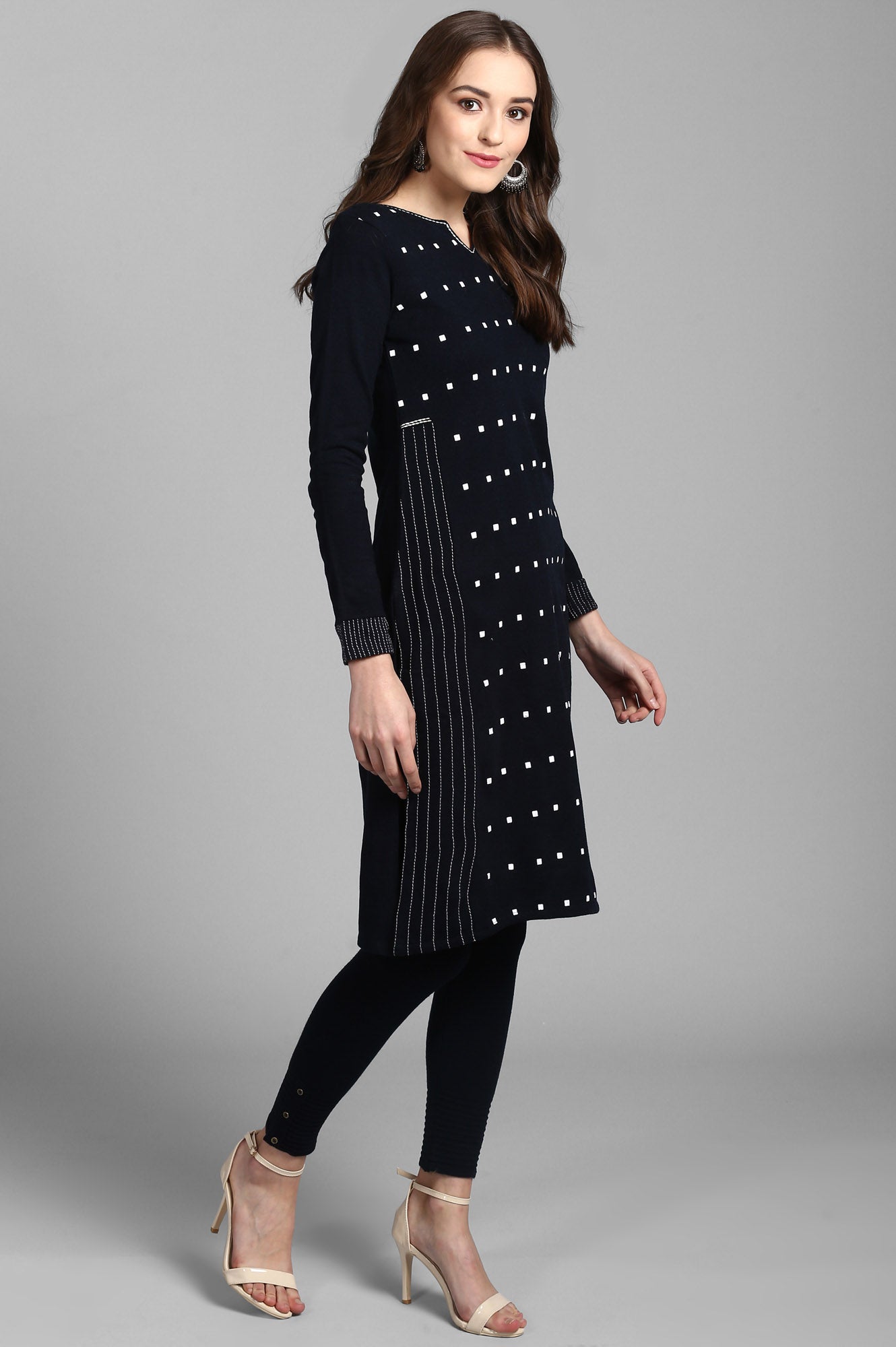 Blue Mandarin Neck Solid Winter kurta