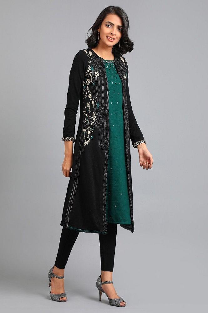 Black Round Neck Yarn-dyed Winter kurta - wforwoman