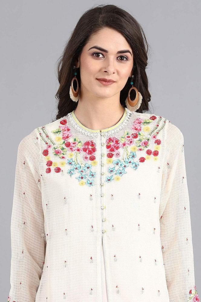 Ecru Mandarin Neck Printed kurta - wforwoman