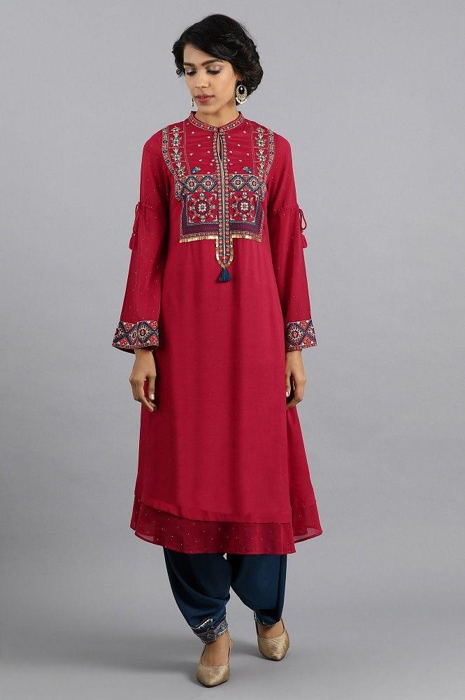 Red Mandarin Neck Embroidered kurta - wforwoman