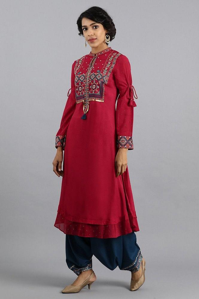 Red Mandarin Neck Embroidered kurta - wforwoman