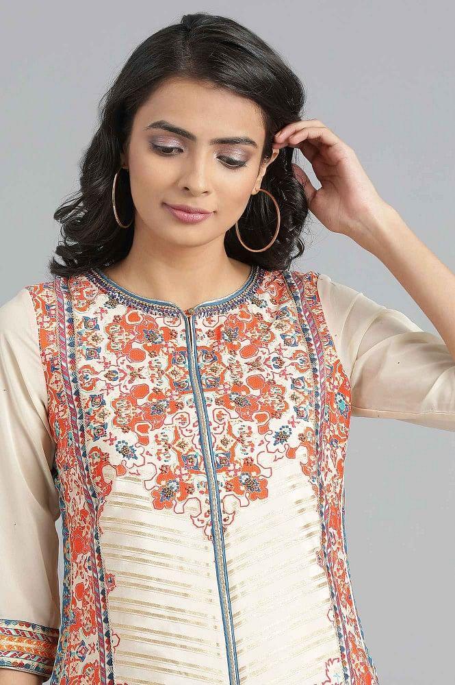 Ecru Round Neck Printed kurta - wforwoman