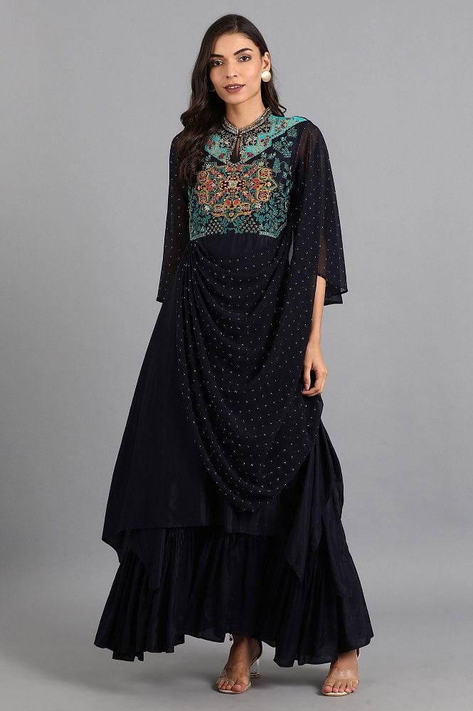Blue Mandarin Neck Embroidered Dress - wforwoman