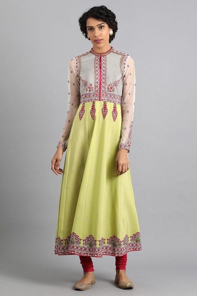 Green Mandarin Neck Printed kurta - wforwoman