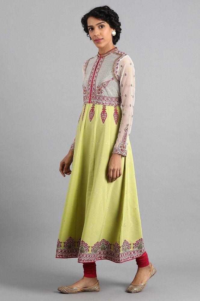 Green Mandarin Neck Printed kurta - wforwoman
