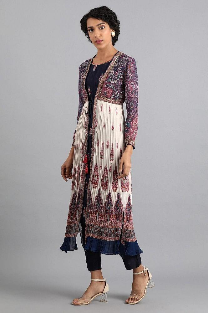 Blue Shawl Neck Printed kurta - wforwoman