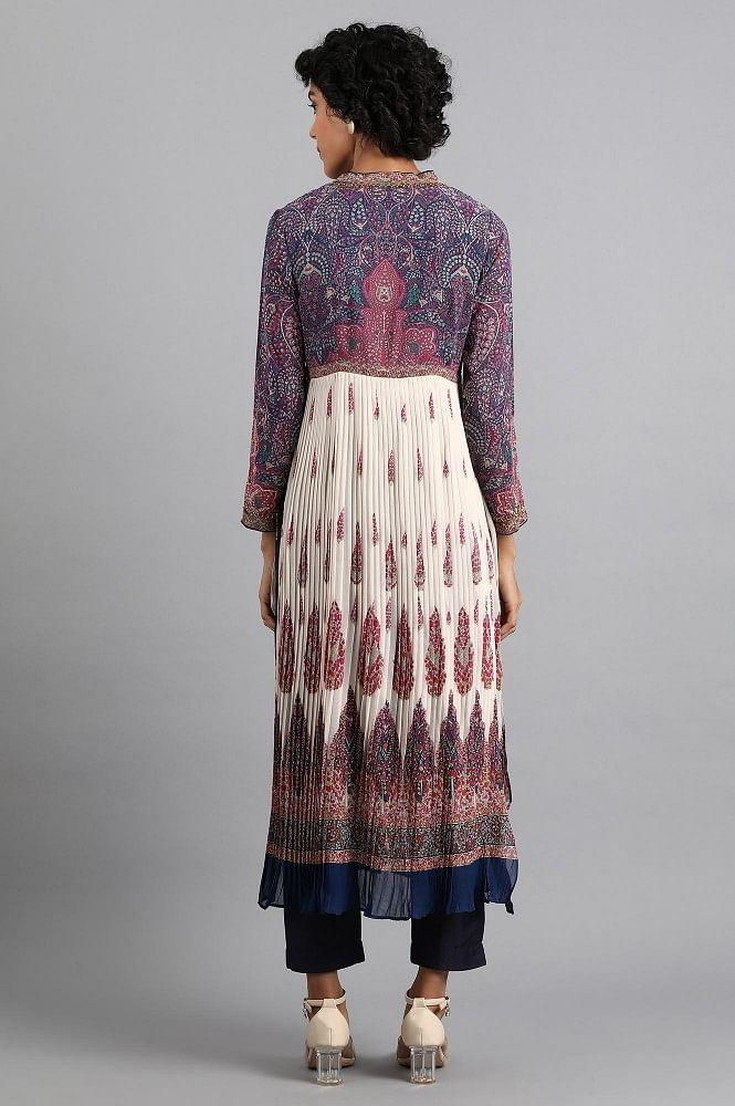 Blue Shawl Neck Printed kurta - wforwoman